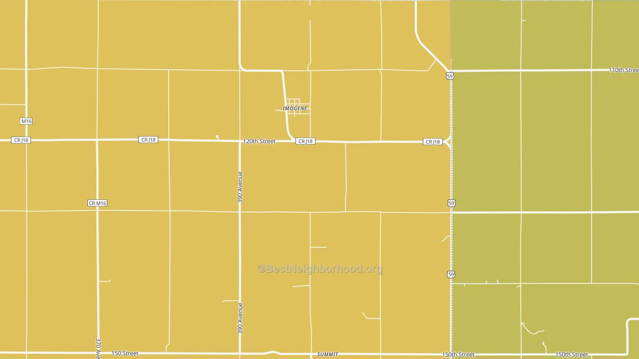 Map of the best neighborhoods in the Imogene area, with better matches in green and worse matches in red