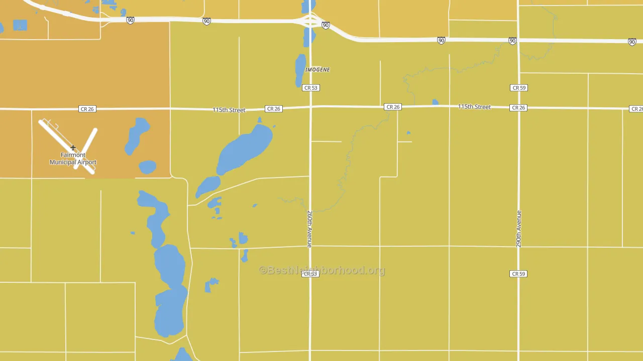 Map of the best neighborhoods in the Imogene area, with better matches in green and worse matches in red