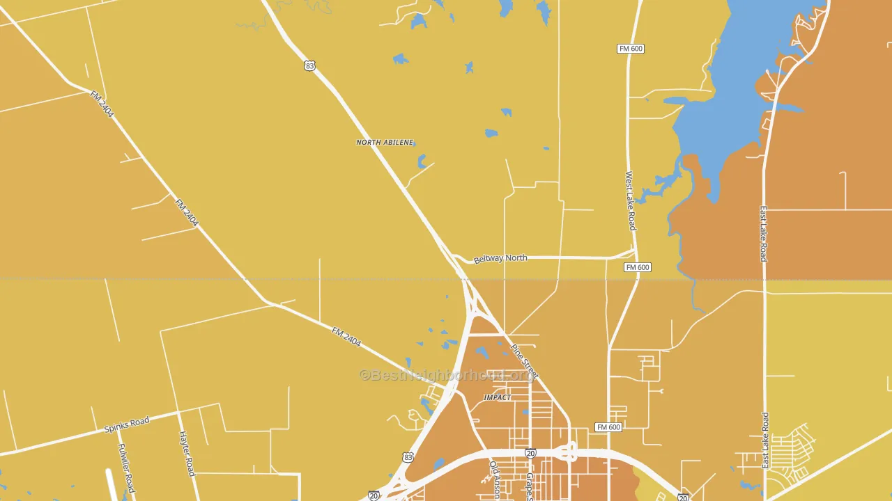 Map of the best neighborhoods in the Impact area, with better matches in green and worse matches in red