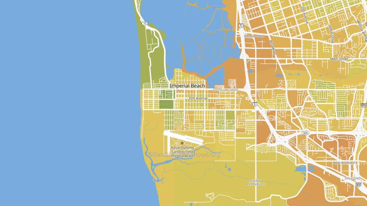 Map of the best neighborhoods in the Imperial Beach area, with better matches in green and worse matches in red