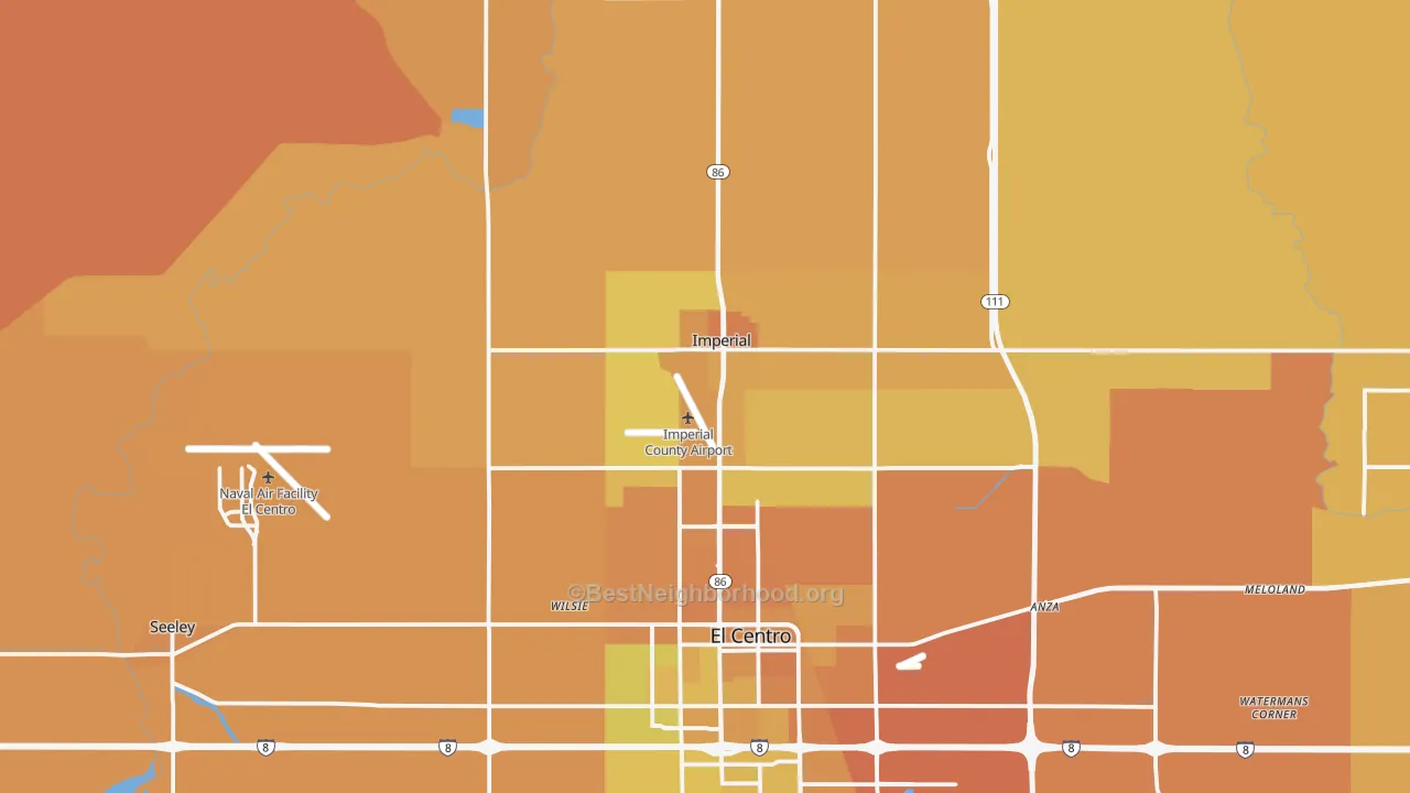Map of the best neighborhoods in the Imperial area, with better matches in green and worse matches in red