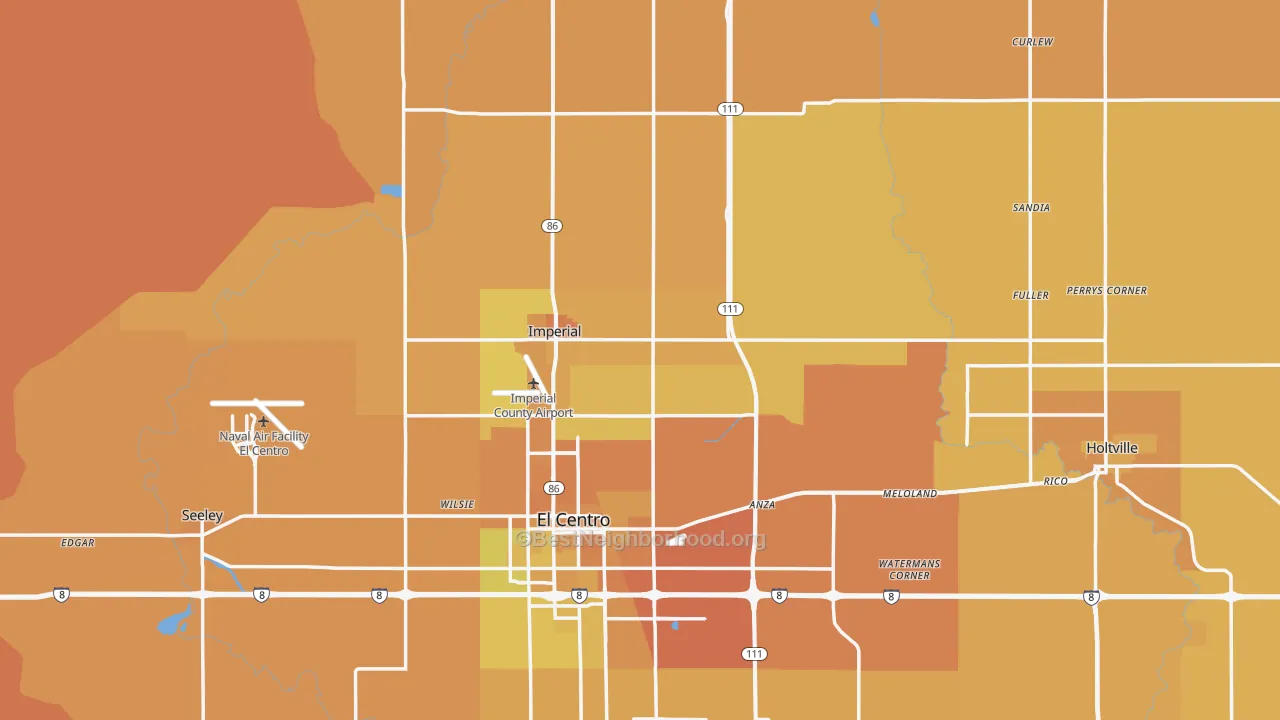 Map of the best neighborhoods in the Imperial County area, with better matches in green and worse matches in red