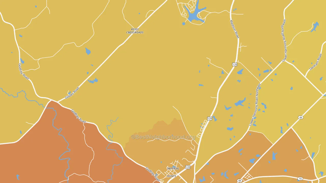 Map of the best neighborhoods in the Imperial area, with better matches in green and worse matches in red