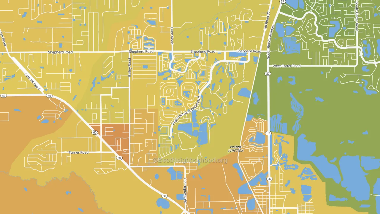Map of the best neighborhoods in the Imperial Lakes, Fuller Heights area, with better matches in green and worse matches in red