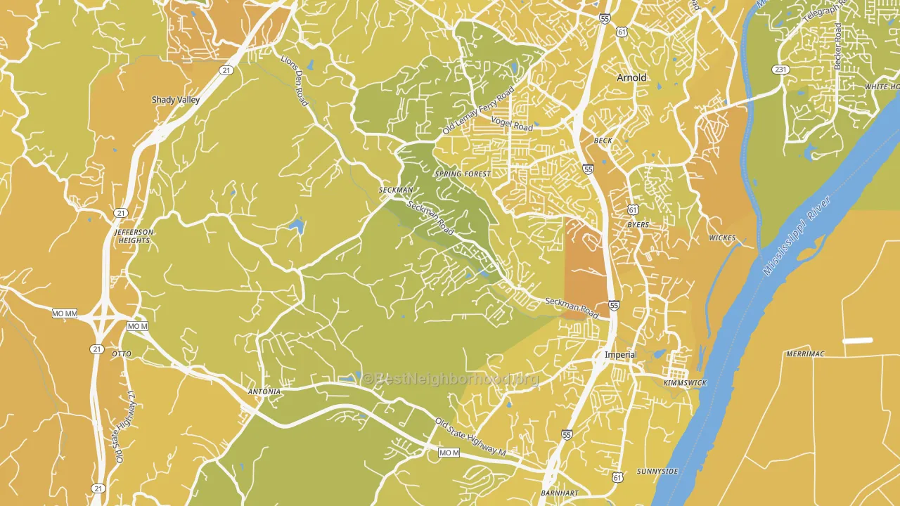 Map of the best neighborhoods in the Imperial area, with better matches in green and worse matches in red