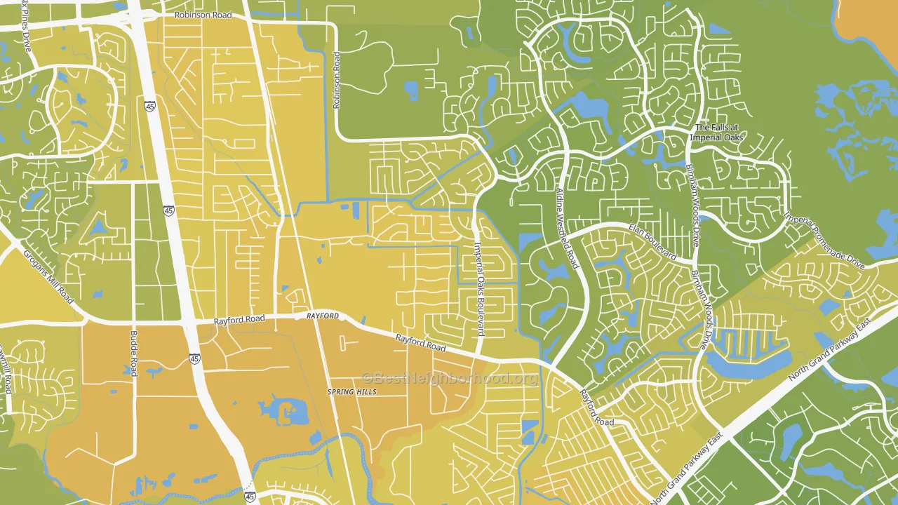 Map of the best neighborhoods in the Imperial Oaks, Spring area, with better matches in green and worse matches in red