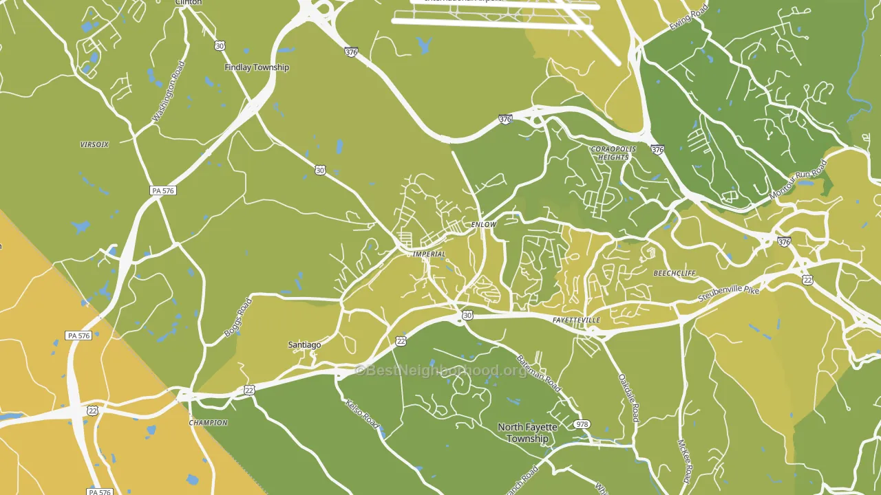 Map of the best neighborhoods in the Imperial area, with better matches in green and worse matches in red
