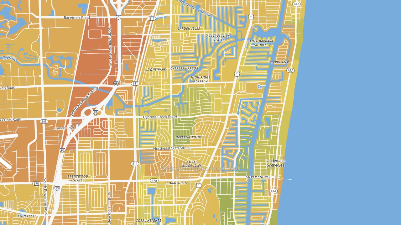 Map of the best neighborhoods in the Imperial Point, Fort Lauderdale area, with better matches in green and worse matches in red