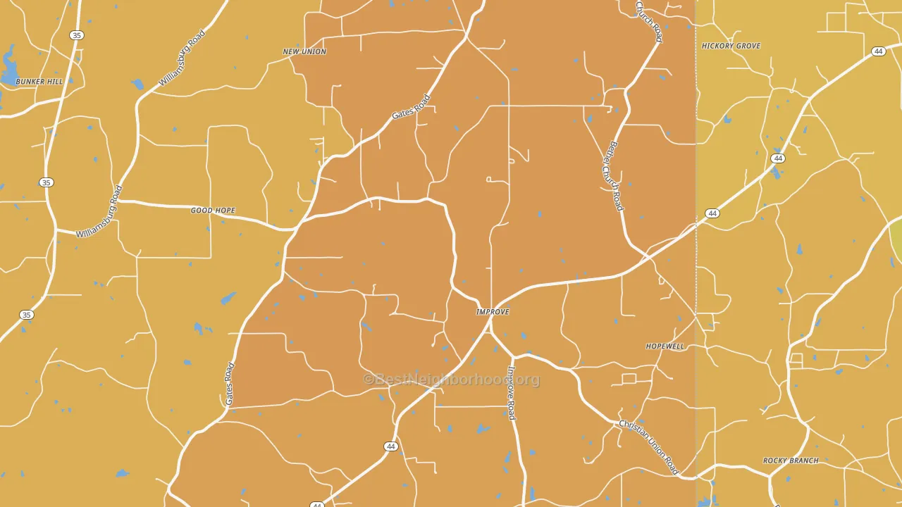 Map of the best neighborhoods in the Improve area, with better matches in green and worse matches in red