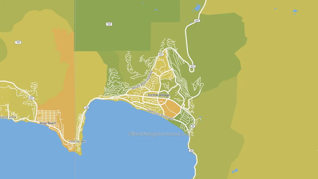 Map of the best neighborhoods in the Incline Village area, with better matches in green and worse matches in red