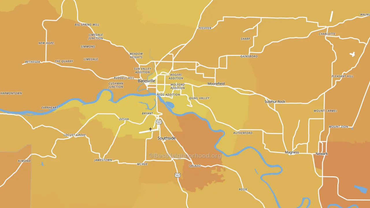 Map of the best neighborhoods in the Independence County area, with better matches in green and worse matches in red