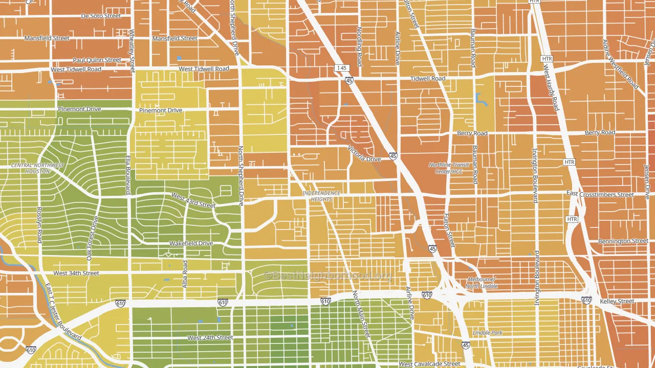 Map of the best neighborhoods in the Independence Heights, Houston area, with better matches in green and worse matches in red