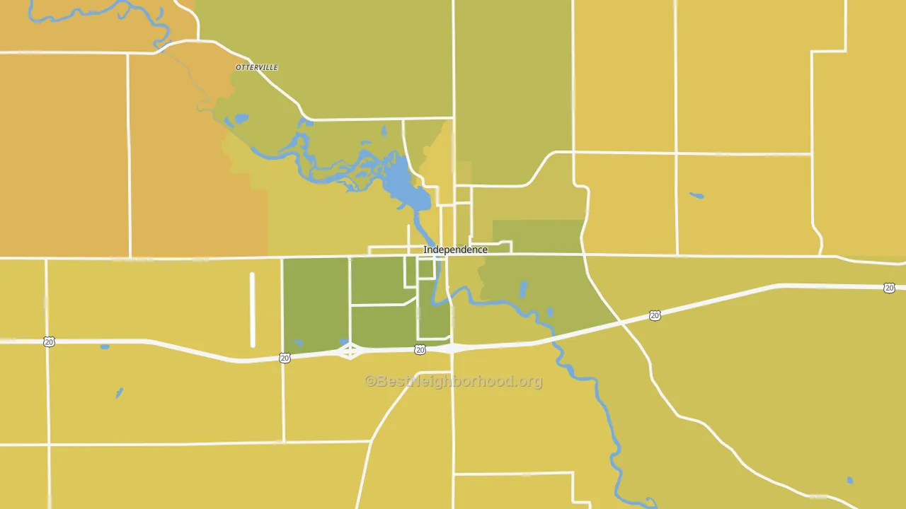 Map of the best neighborhoods in the Independence area, with better matches in green and worse matches in red