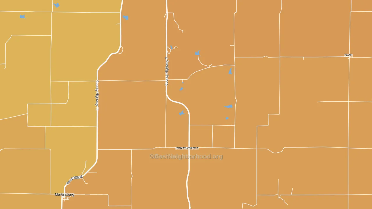 Map of the best neighborhoods in the Independence area, with better matches in green and worse matches in red