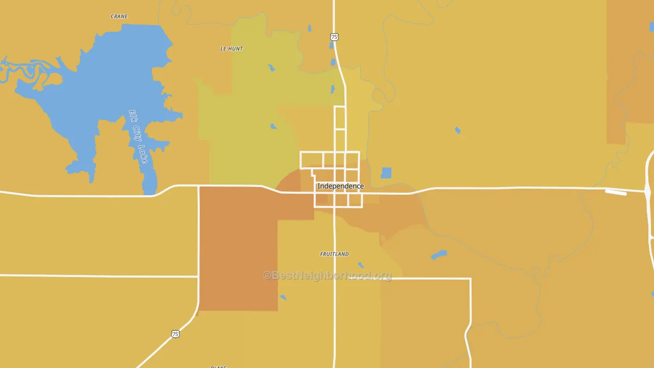 Map of the best neighborhoods in the Independence area, with better matches in green and worse matches in red