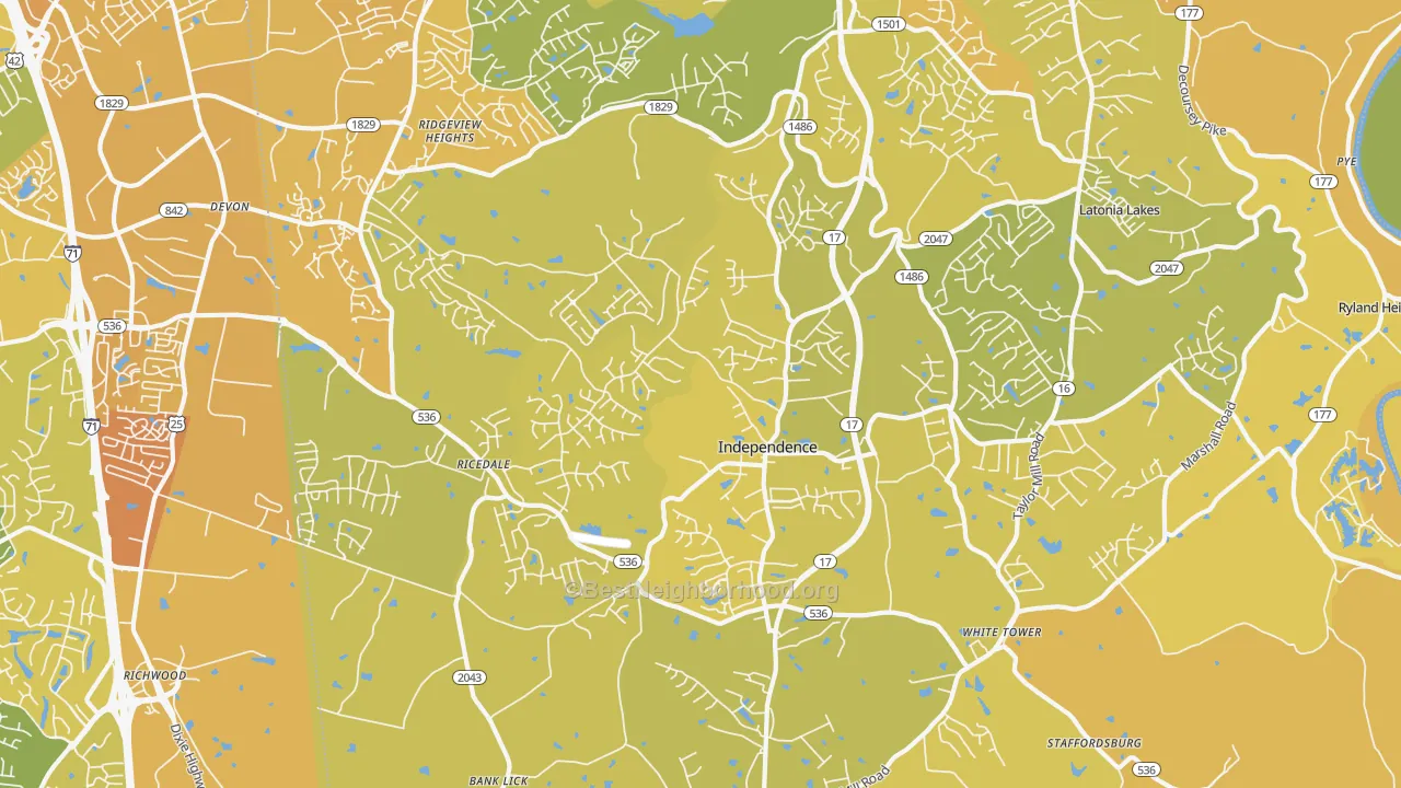 Map of the best neighborhoods in the Independence area, with better matches in green and worse matches in red