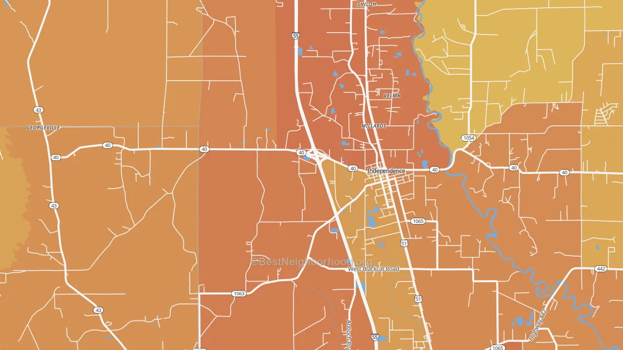 Map of the best neighborhoods in the Independence area, with better matches in green and worse matches in red