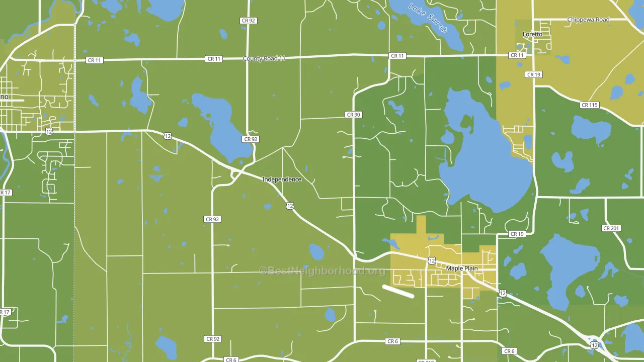 Map of the best neighborhoods in the Independence area, with better matches in green and worse matches in red