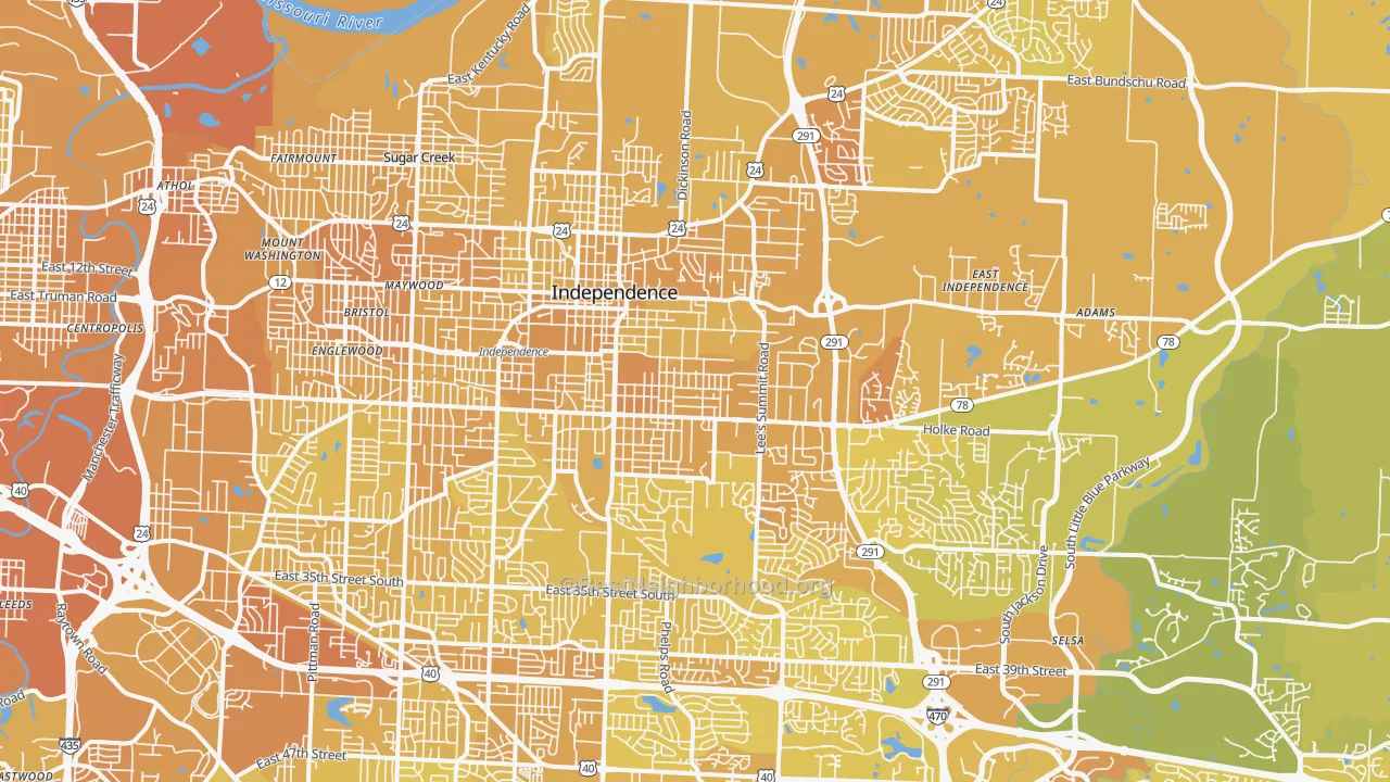 Map of the best neighborhoods in the Independence area, with better matches in green and worse matches in red