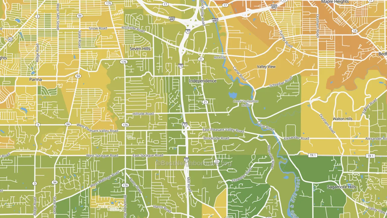 Map of the best neighborhoods in the Independence area, with better matches in green and worse matches in red