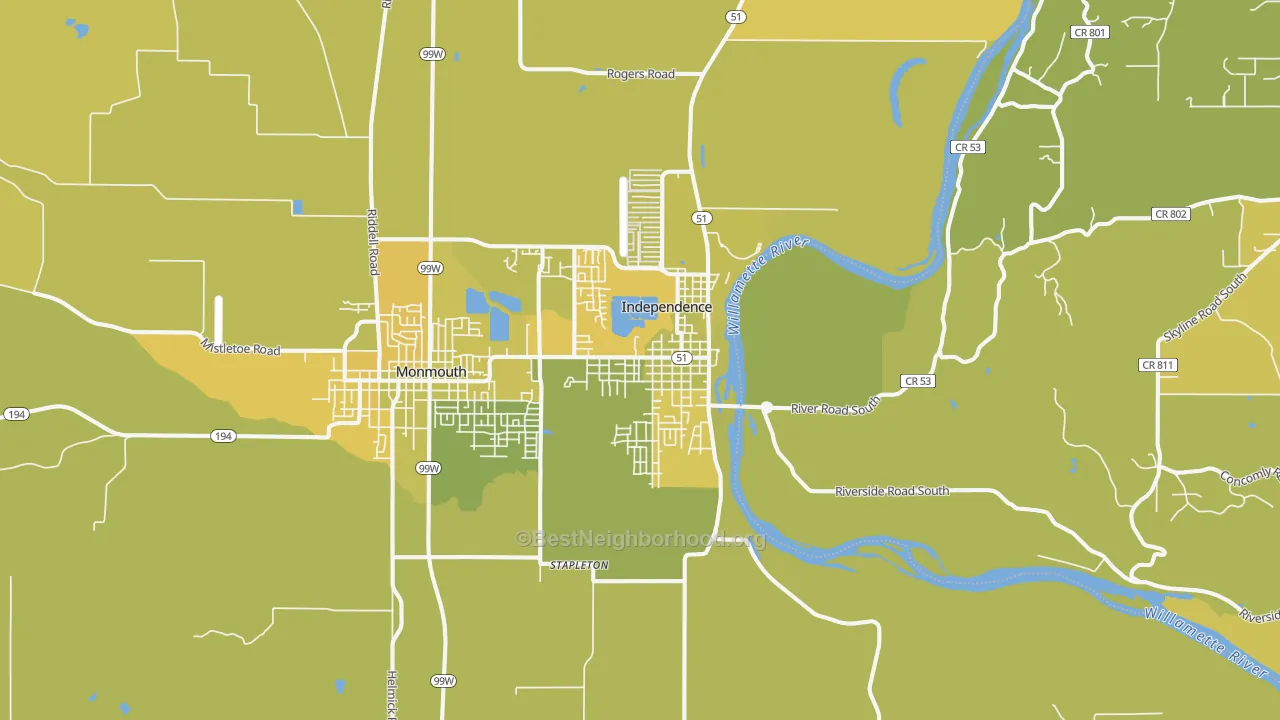 Map of the best neighborhoods in the Independence area, with better matches in green and worse matches in red
