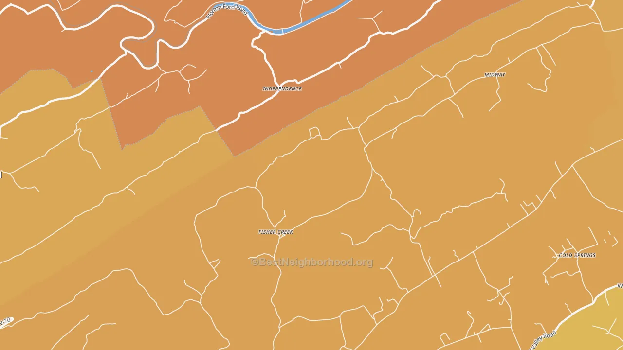 Map of the best neighborhoods in the Independence area, with better matches in green and worse matches in red