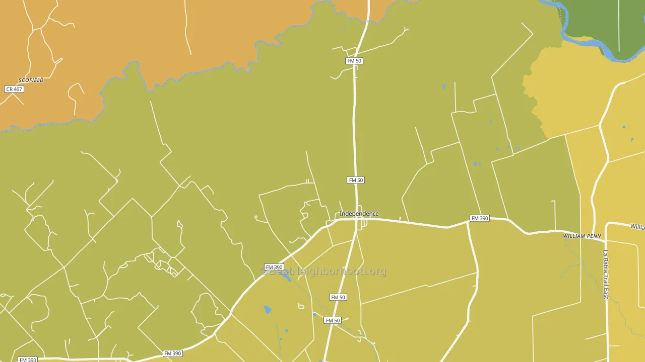 Map of the best neighborhoods in the Independence area, with better matches in green and worse matches in red