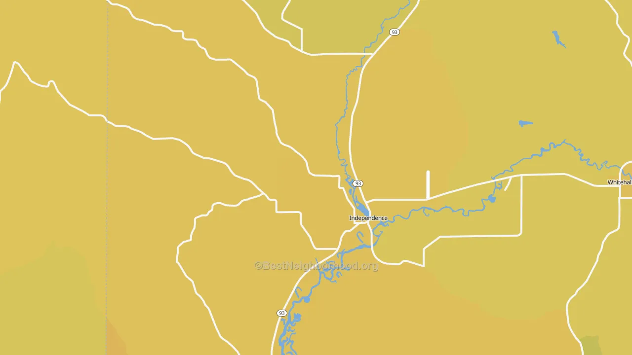 Map of the best neighborhoods in the Independence area, with better matches in green and worse matches in red