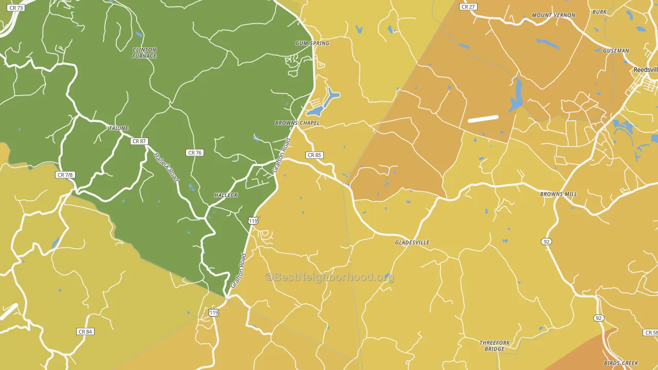 Map of the best neighborhoods in the Independence area, with better matches in green and worse matches in red