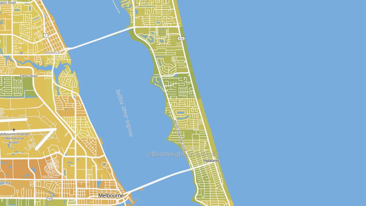 Map of the best neighborhoods in the Indialantic area, with better matches in green and worse matches in red