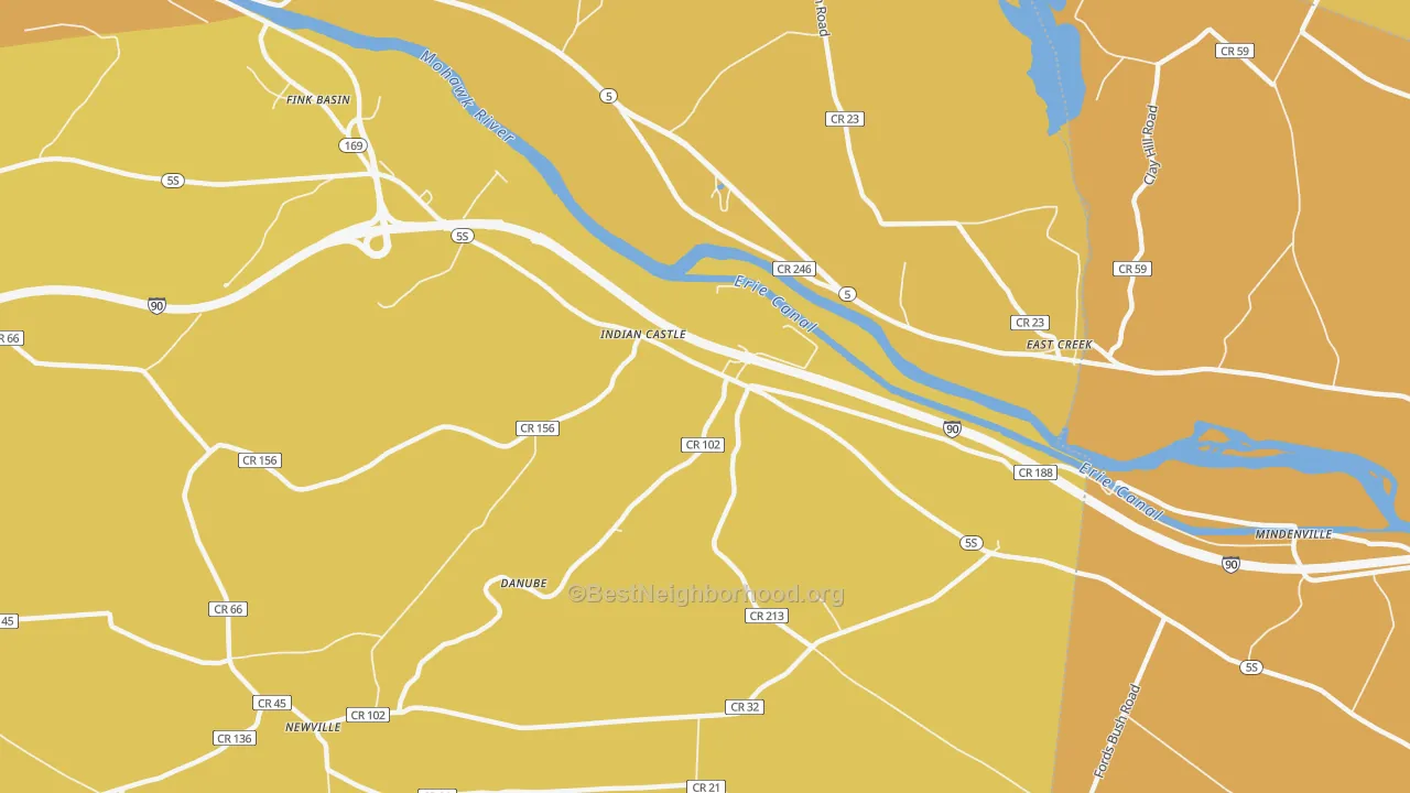 Map of the best neighborhoods in the Indian Castle area, with better matches in green and worse matches in red