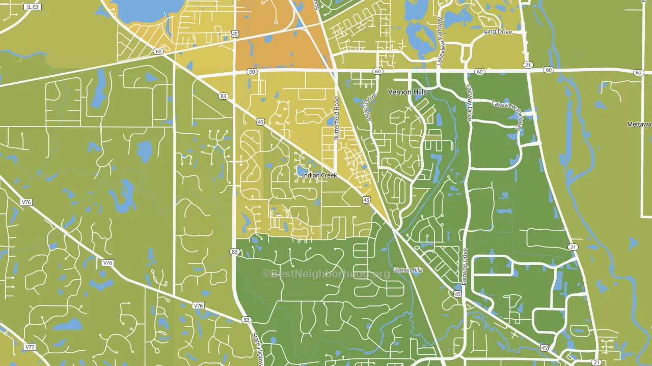 Map of the best neighborhoods in the Indian Creek area, with better matches in green and worse matches in red