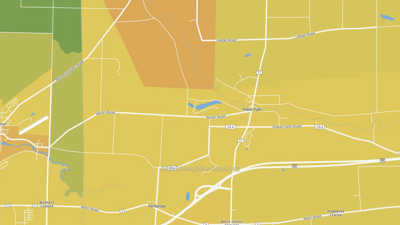 Map of the best neighborhoods in the Indian Falls area, with better matches in green and worse matches in red