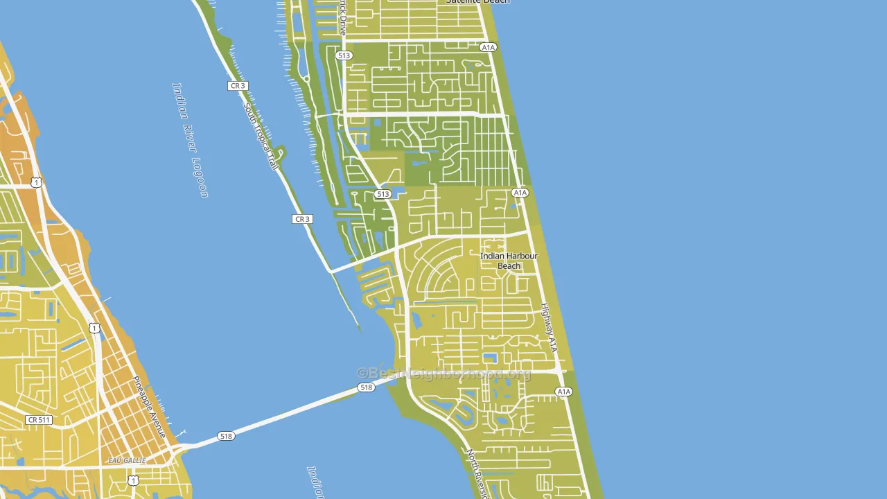 Map of the best neighborhoods in the Indian Harbour Beach area, with better matches in green and worse matches in red