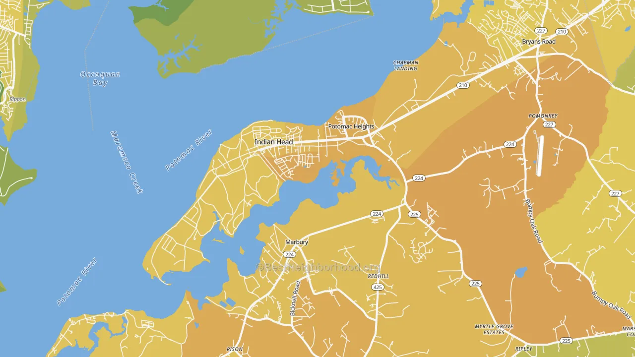 Map of the best neighborhoods in the Indian Head area, with better matches in green and worse matches in red