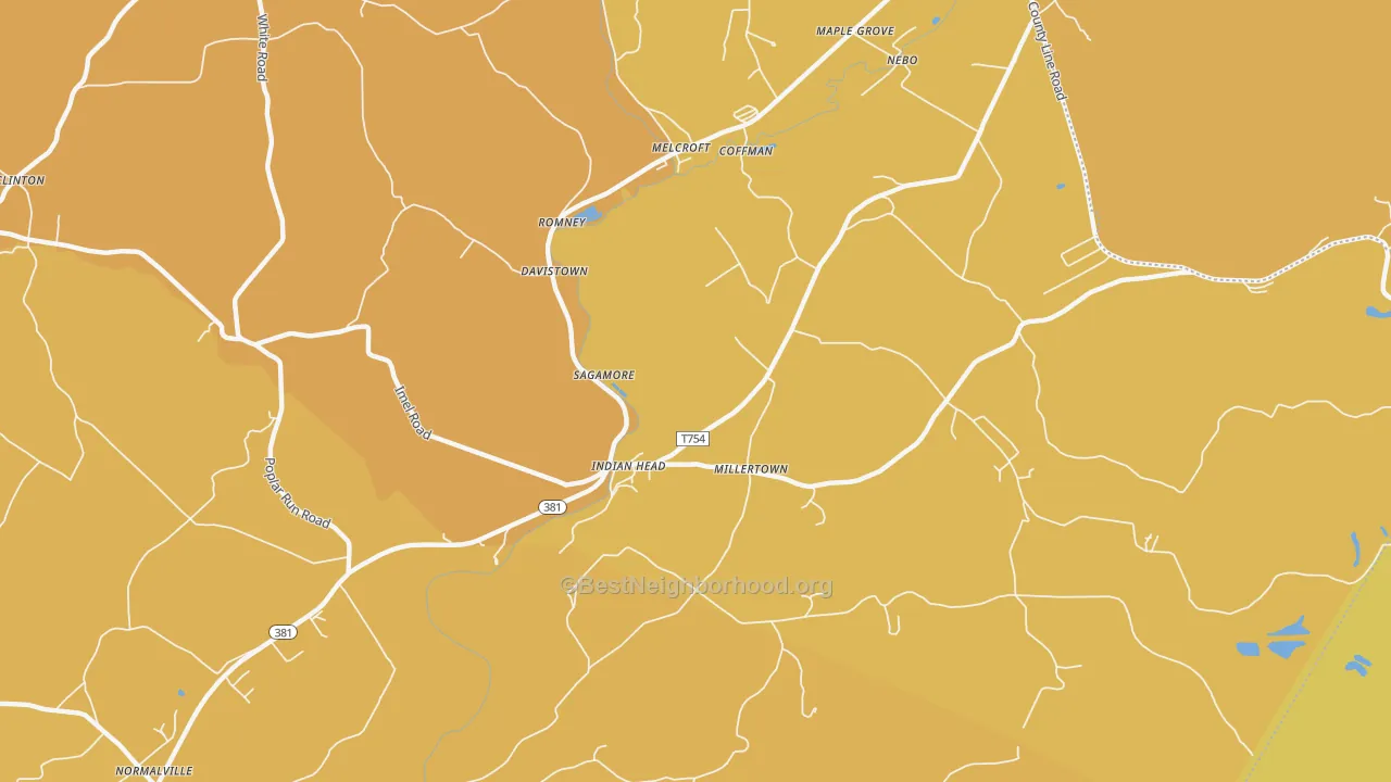 Map of the best neighborhoods in the Indian Head area, with better matches in green and worse matches in red
