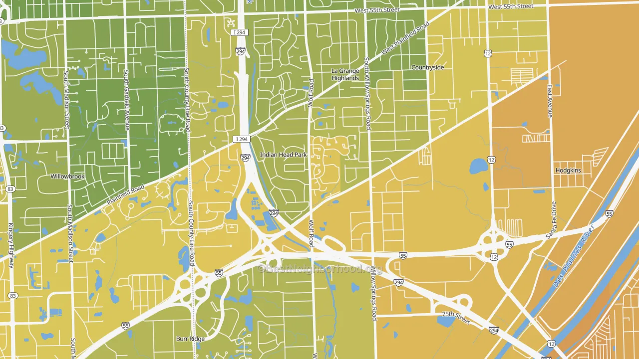 Map of the best neighborhoods in the Indian Head Park area, with better matches in green and worse matches in red