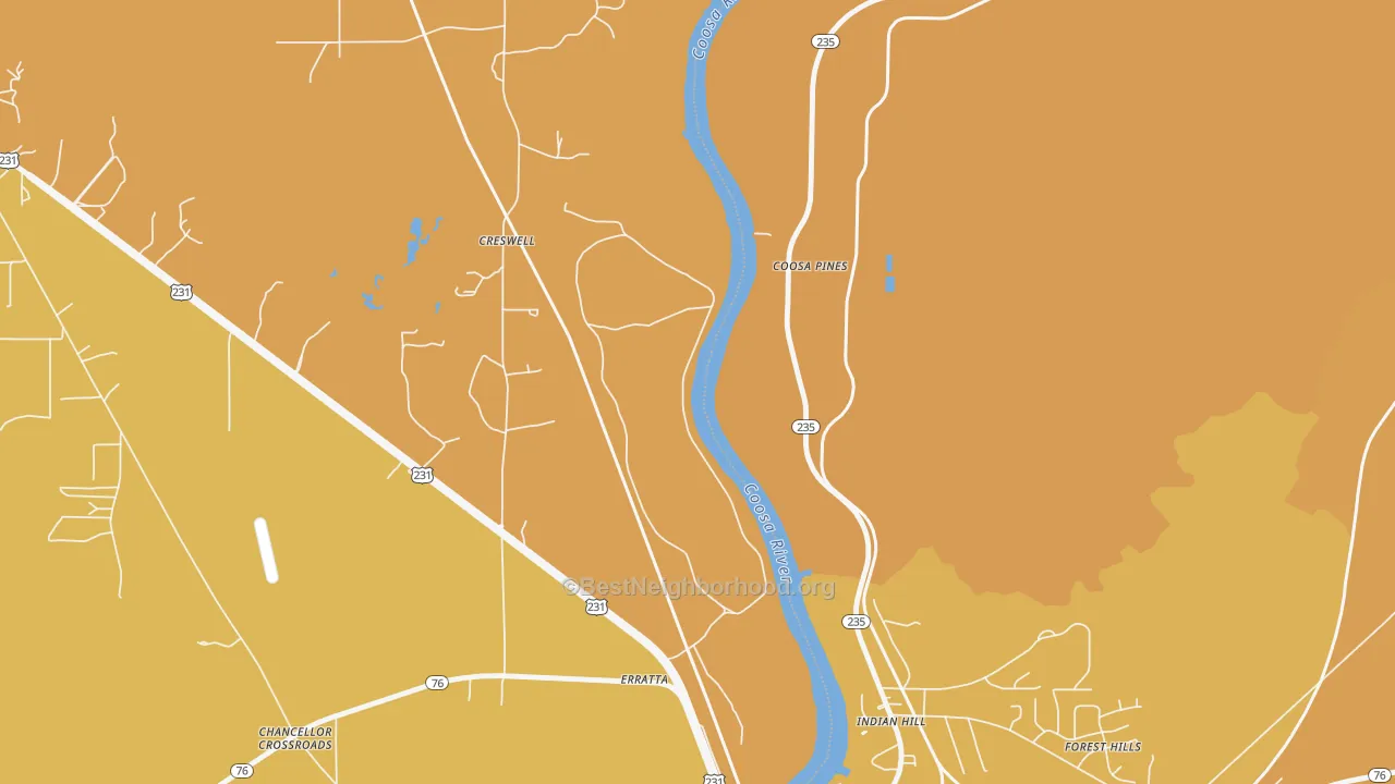 Map of the best neighborhoods in the Indian Hill area, with better matches in green and worse matches in red