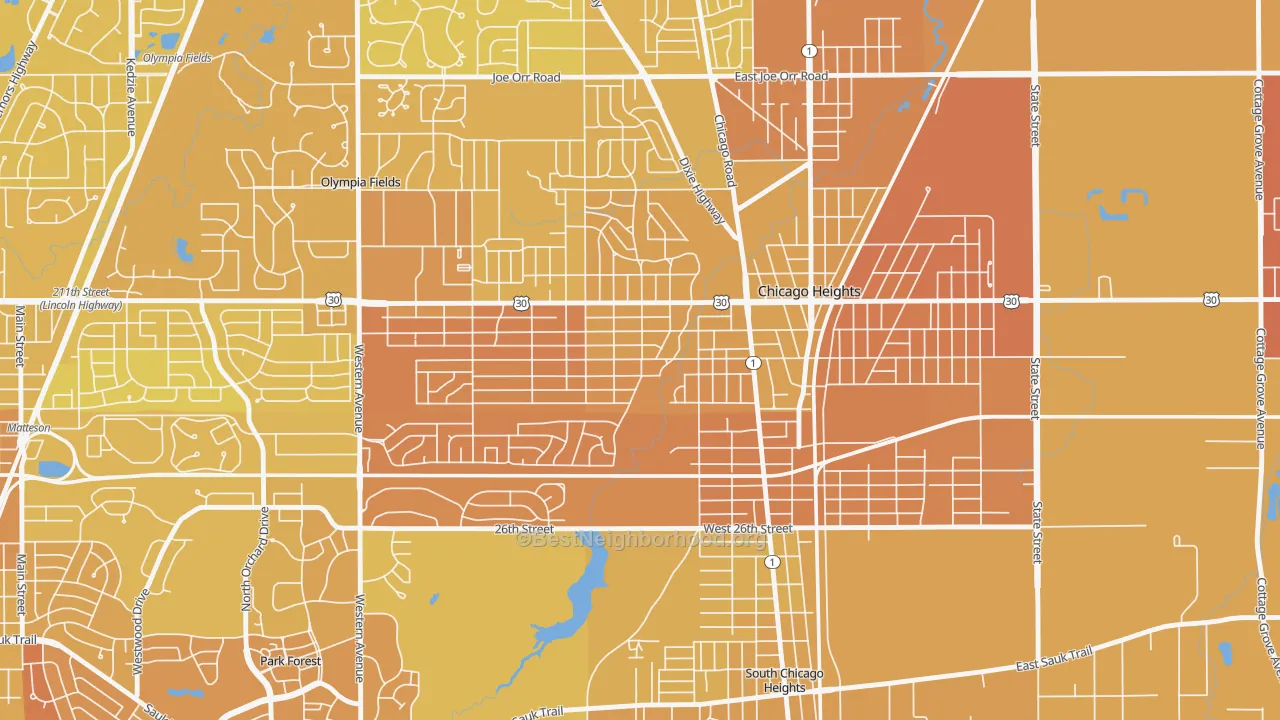Map of the best neighborhoods in the Indian Hill, Chicago Heights area, with better matches in green and worse matches in red