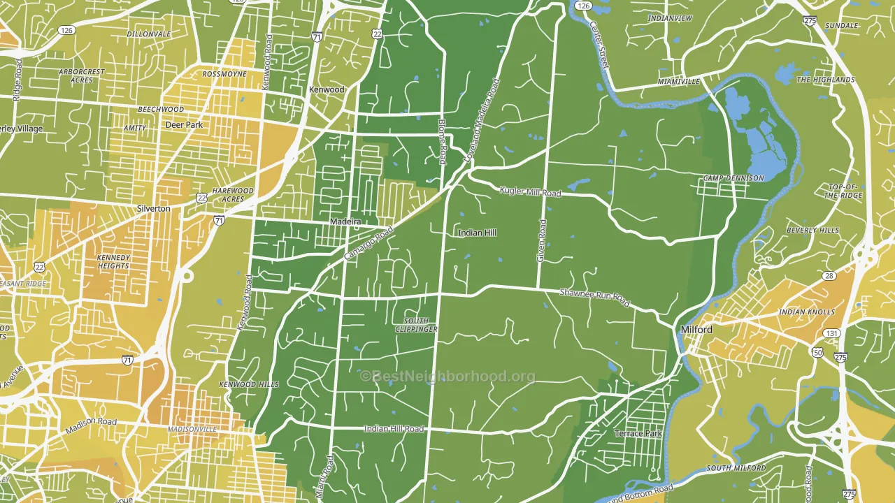 Map of the best neighborhoods in the Indian Hill area, with better matches in green and worse matches in red