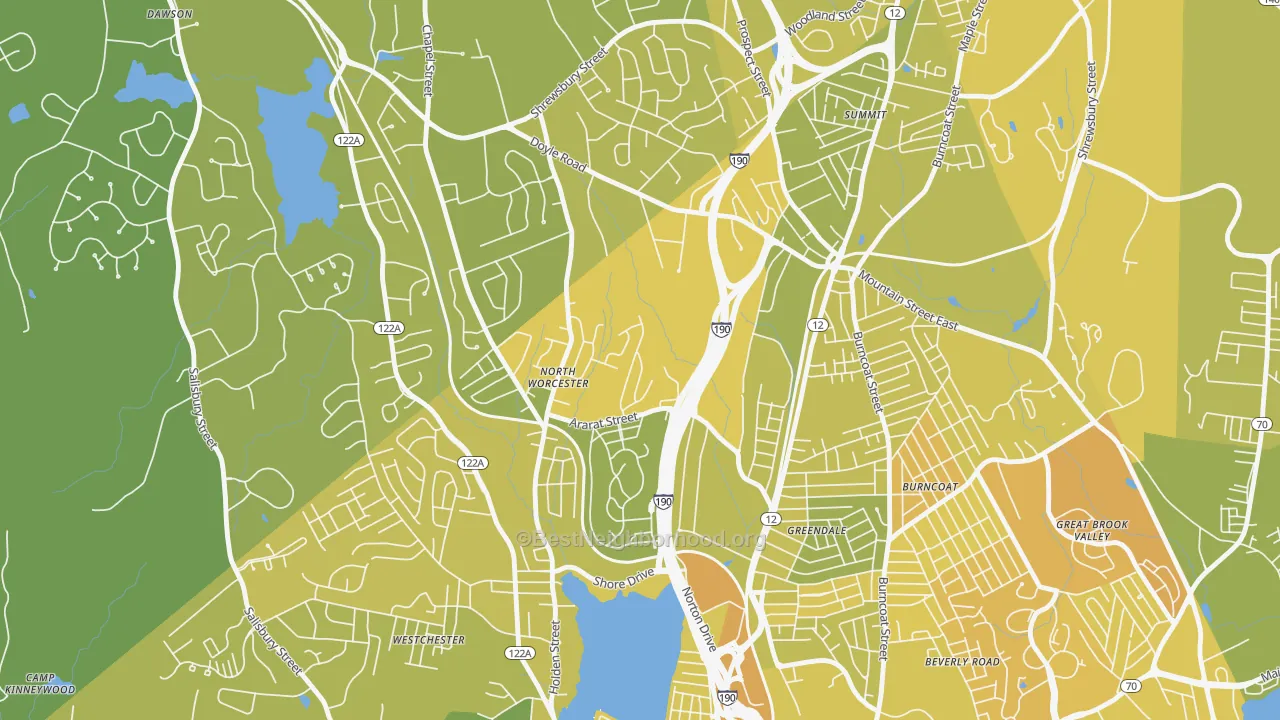 Map of the best neighborhoods in the Indian Hill, Worcester area, with better matches in green and worse matches in red