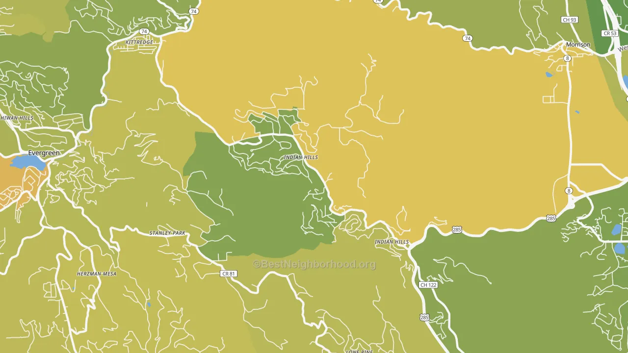 Map of the best neighborhoods in the Indian Hills area, with better matches in green and worse matches in red