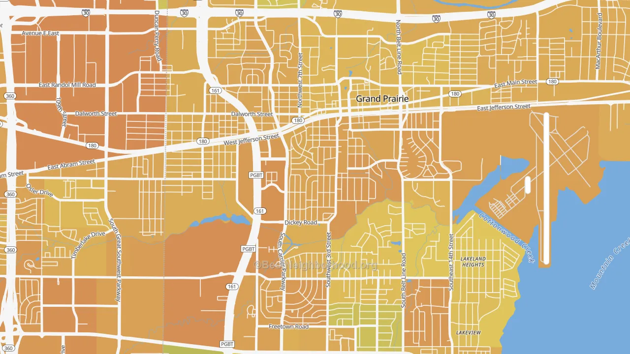 Map of the best neighborhoods in the Indian Hills, Grand Prairie area, with better matches in green and worse matches in red
