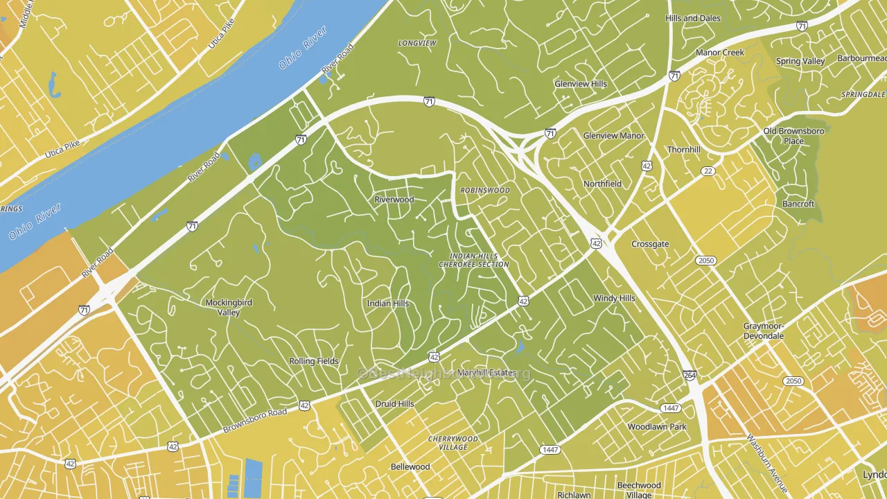 Map of the best neighborhoods in the Indian Hills area, with better matches in green and worse matches in red