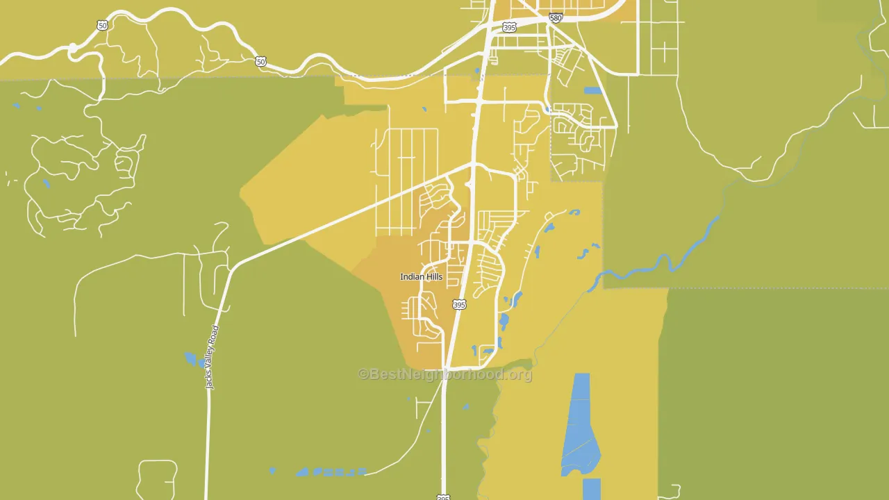 Map of the best neighborhoods in the Indian Hills area, with better matches in green and worse matches in red