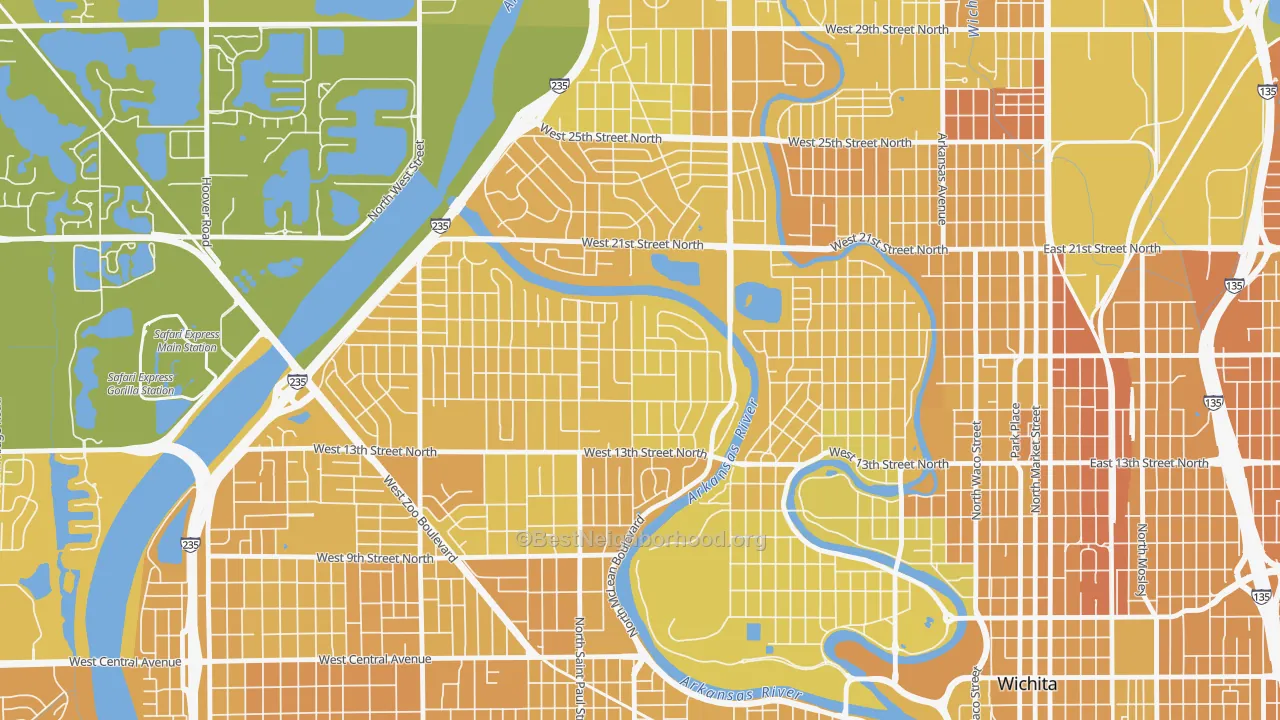 Map of the best neighborhoods in the Indian Hills Riverbend, Wichita area, with better matches in green and worse matches in red