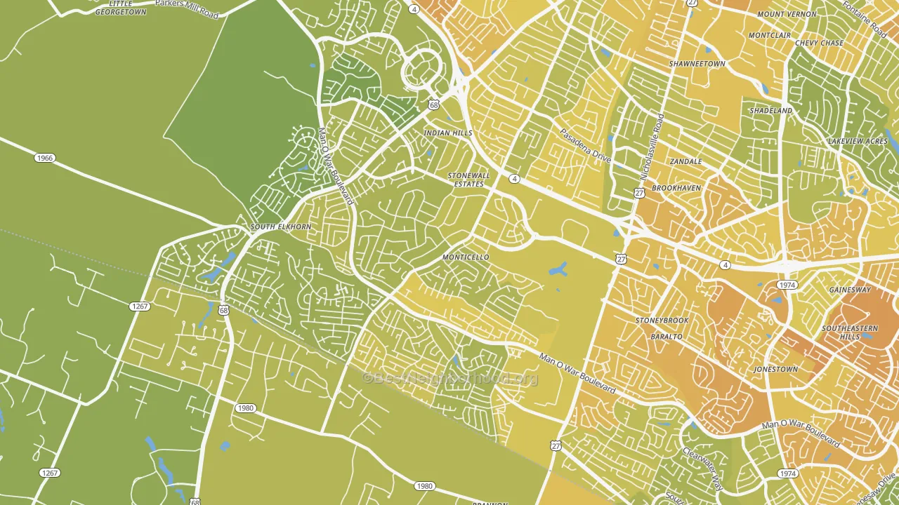 Map of the best neighborhoods in the Indian Hills-Stonewall Estates-Monticello, Lexington area, with better matches in green and worse matches in red