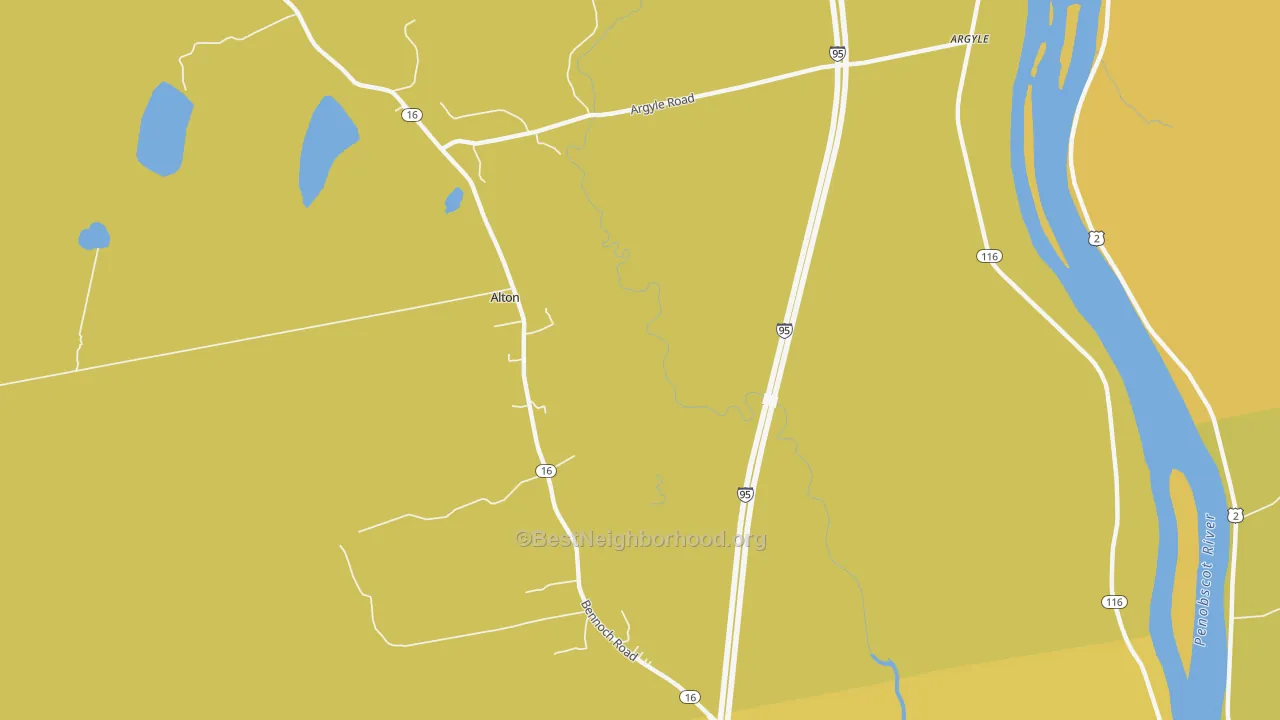 Map of the best neighborhoods in the Indian Island Penobscot Indian Reservation area, with better matches in green and worse matches in red