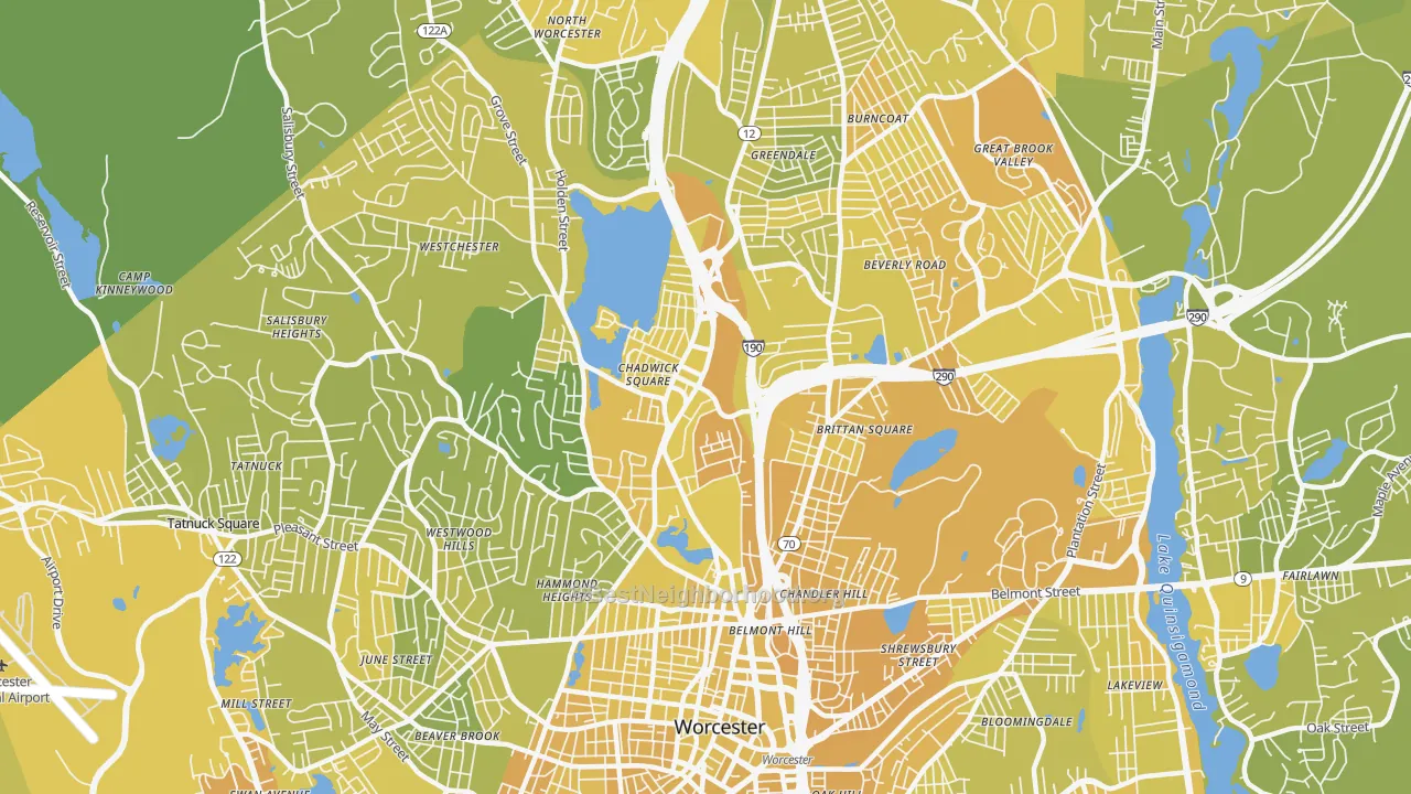 Map of the best neighborhoods in the Indian Lake East, Worcester area, with better matches in green and worse matches in red