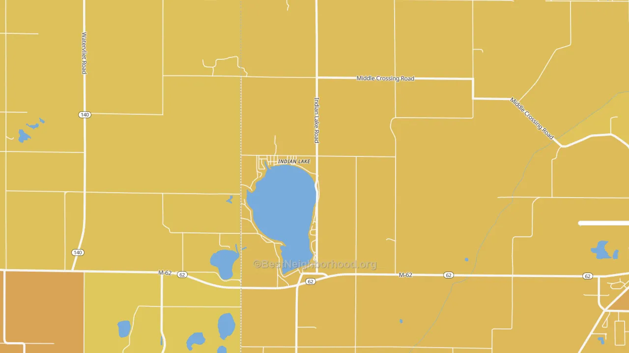 Map of the best neighborhoods in the Indian Lake area, with better matches in green and worse matches in red